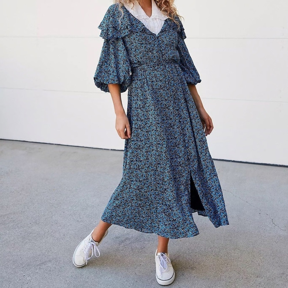 NWT Free People Float On A Sunbeam Midi Dress in Blue Floral